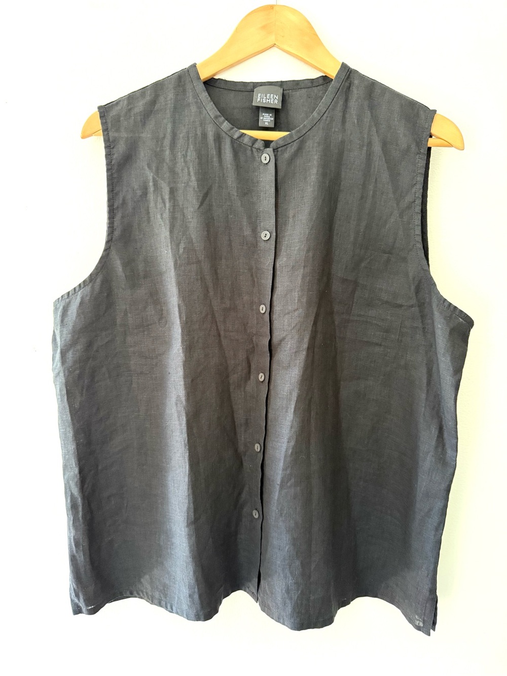 Eileen Fisher 100% Irish Linen Sleeveless Top XL Black Lagenlook Quiet Luxury - Picture 2 of 8
